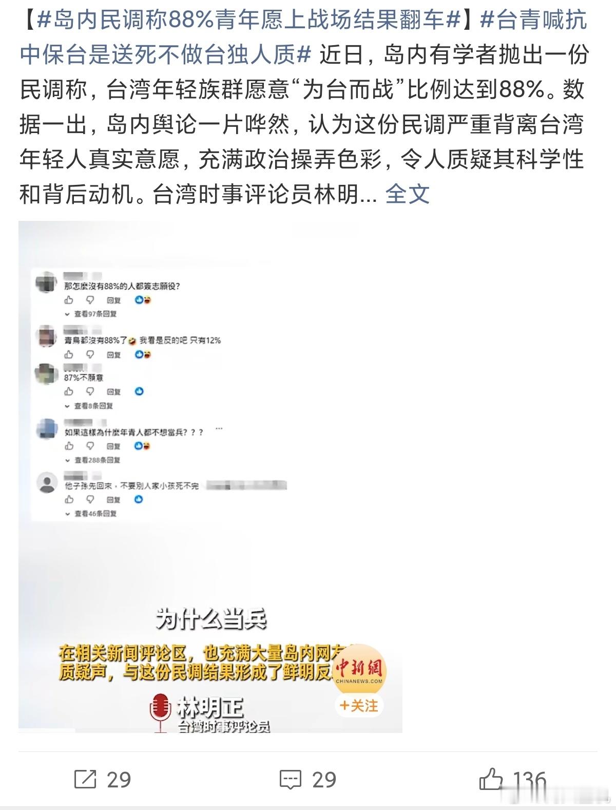 岛内民调称88%青年愿上战场结果翻车简直是活在梦里，两岸统一是必然结果，垂死挣扎