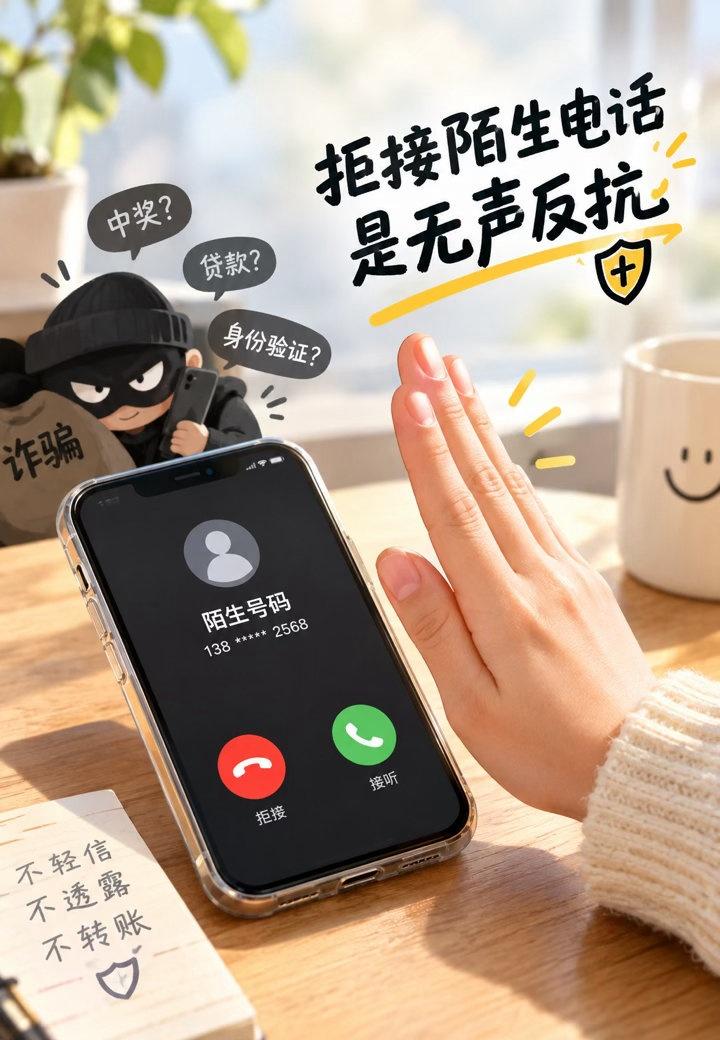 拒接陌生电话是无声反抗

拒接陌生电话，是对诈骗最直接的“无声反抗”。

面对陌