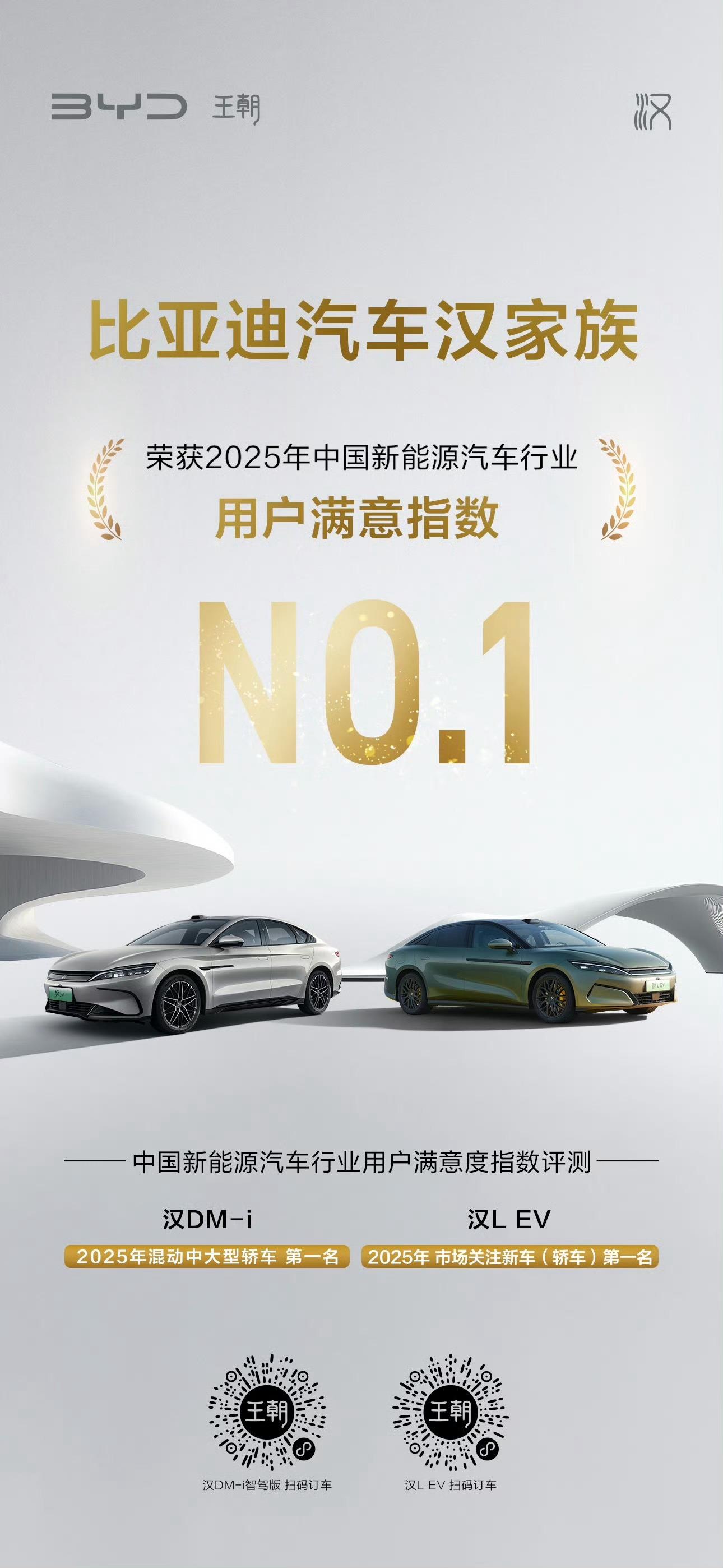 中国质量协会2025用户满意度测评汉DM-i荣获混动中大型轿车NO.1汉L EV