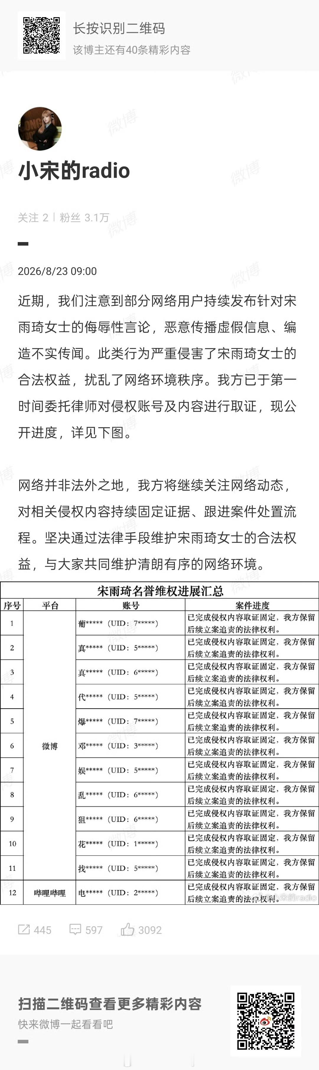 宋雨琦全平台告黑 