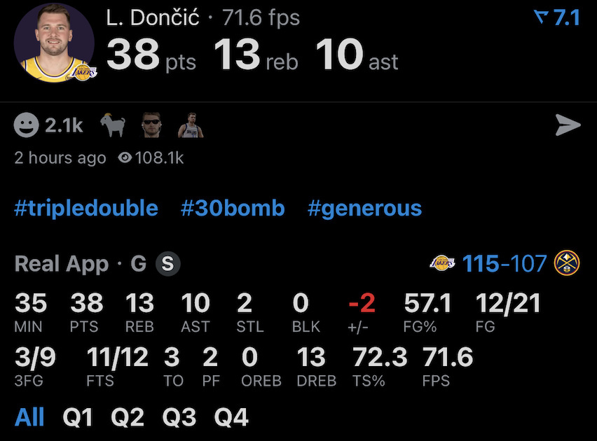 投篮命中率57.1%，38分13篮板10助攻三双，如何评价东契奇今天表现？？？湖