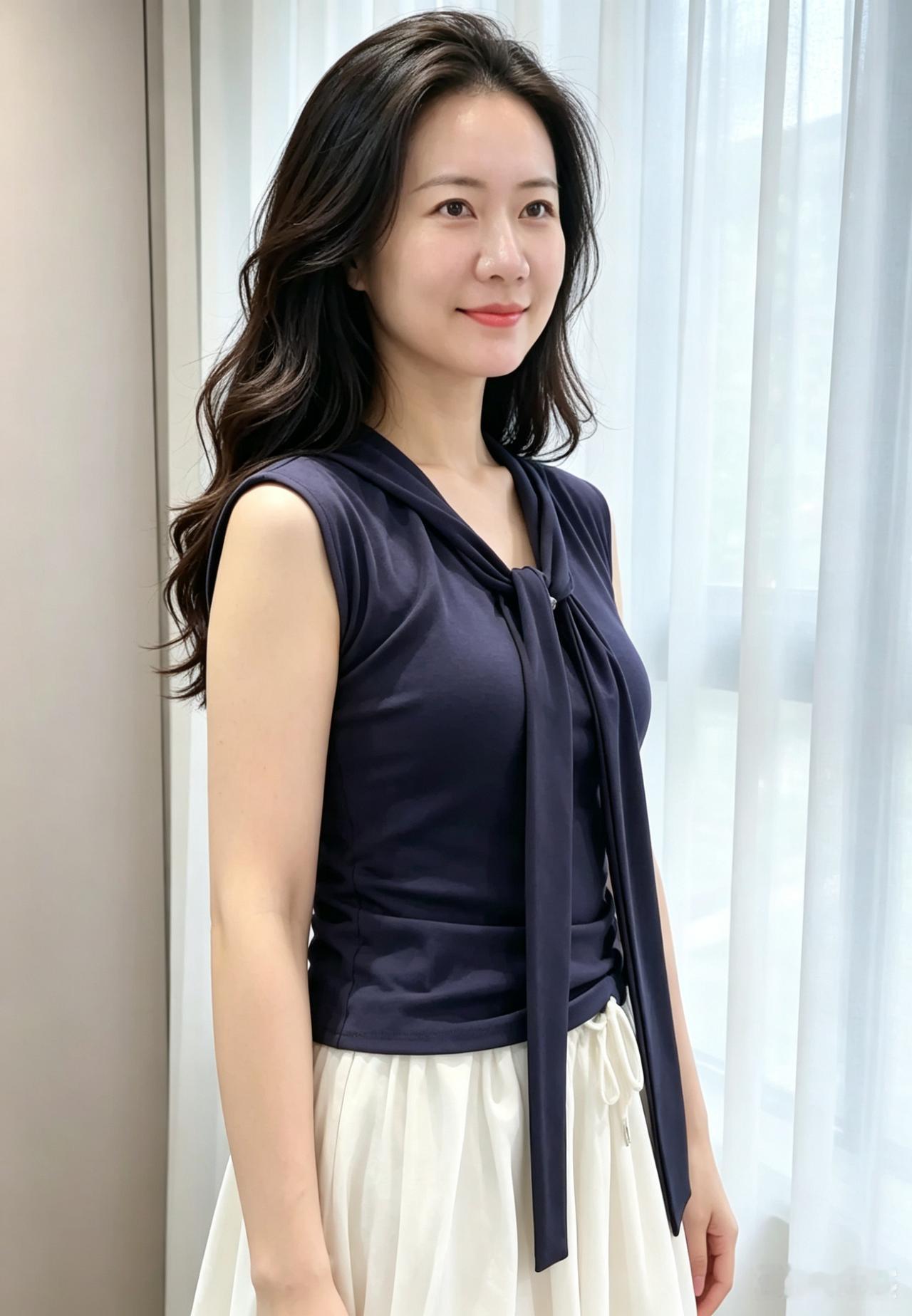 素裙裁云色，
罗衣带浅香。
春风拂鬓发，
淡笑自流光。