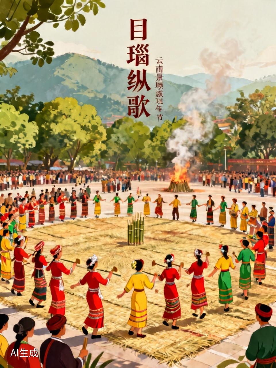 《目瑙纵歌》
（半夏水玉）
空巷万人聚广场，
云南景颇过年节。
载歌载舞盛装穿，