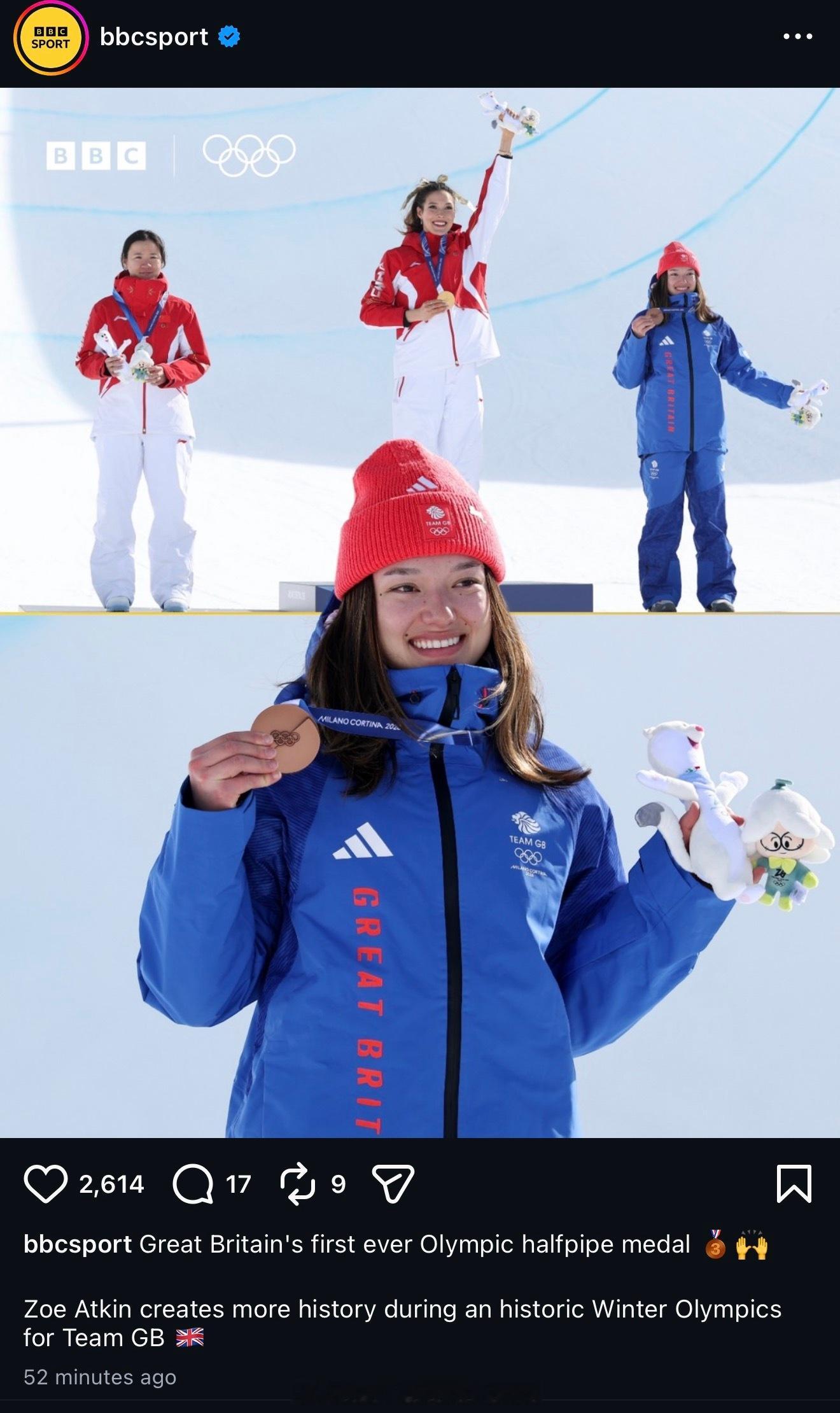 BBC庆祝Zoe获得U型池铜牌没错 金银牌是中国的谷爱凌金牌