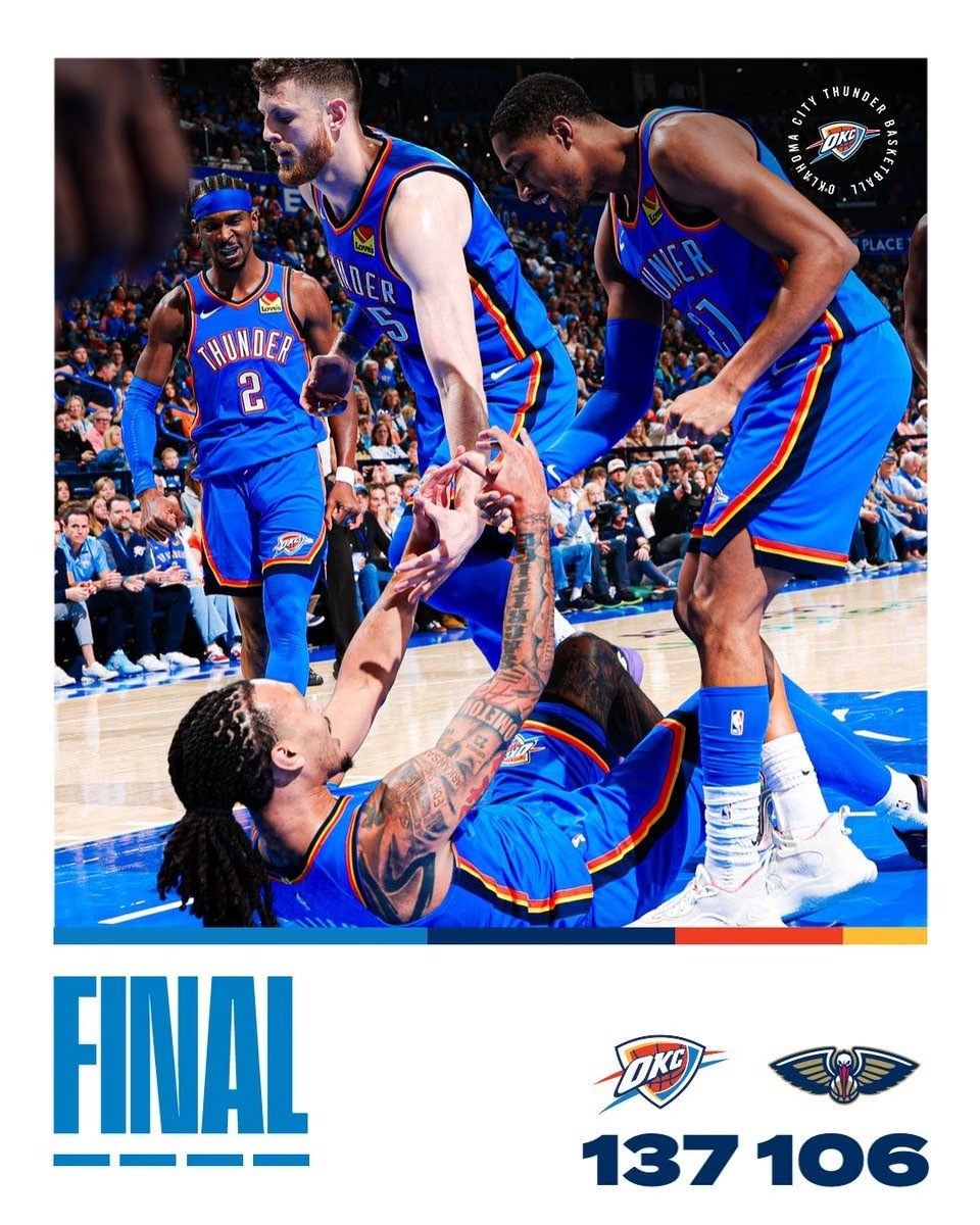 雷霆开季七连胜亚历山大比肩大o任嘉伦预测nba总冠军 一早醒来，雷霆又是一场大胜