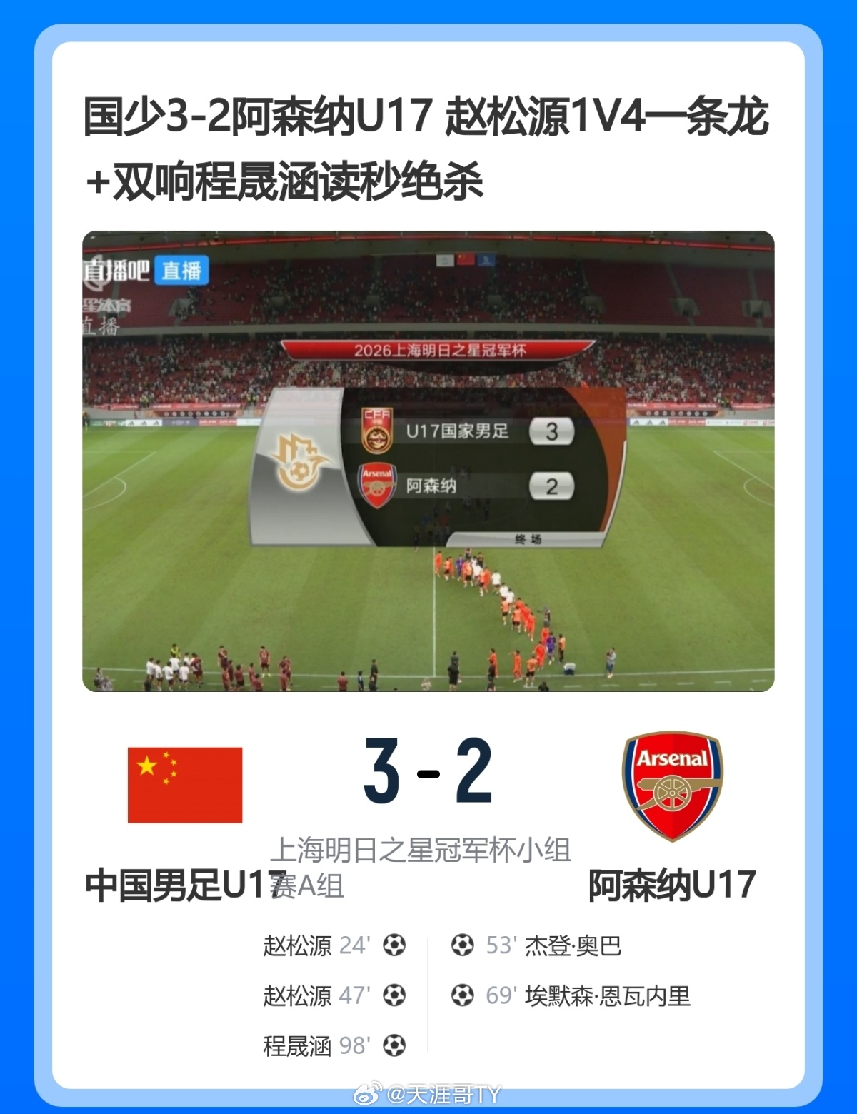 中国U17vs阿森纳U17中国U17男足3比2阿森纳U17男足读秒绝杀，中国U1