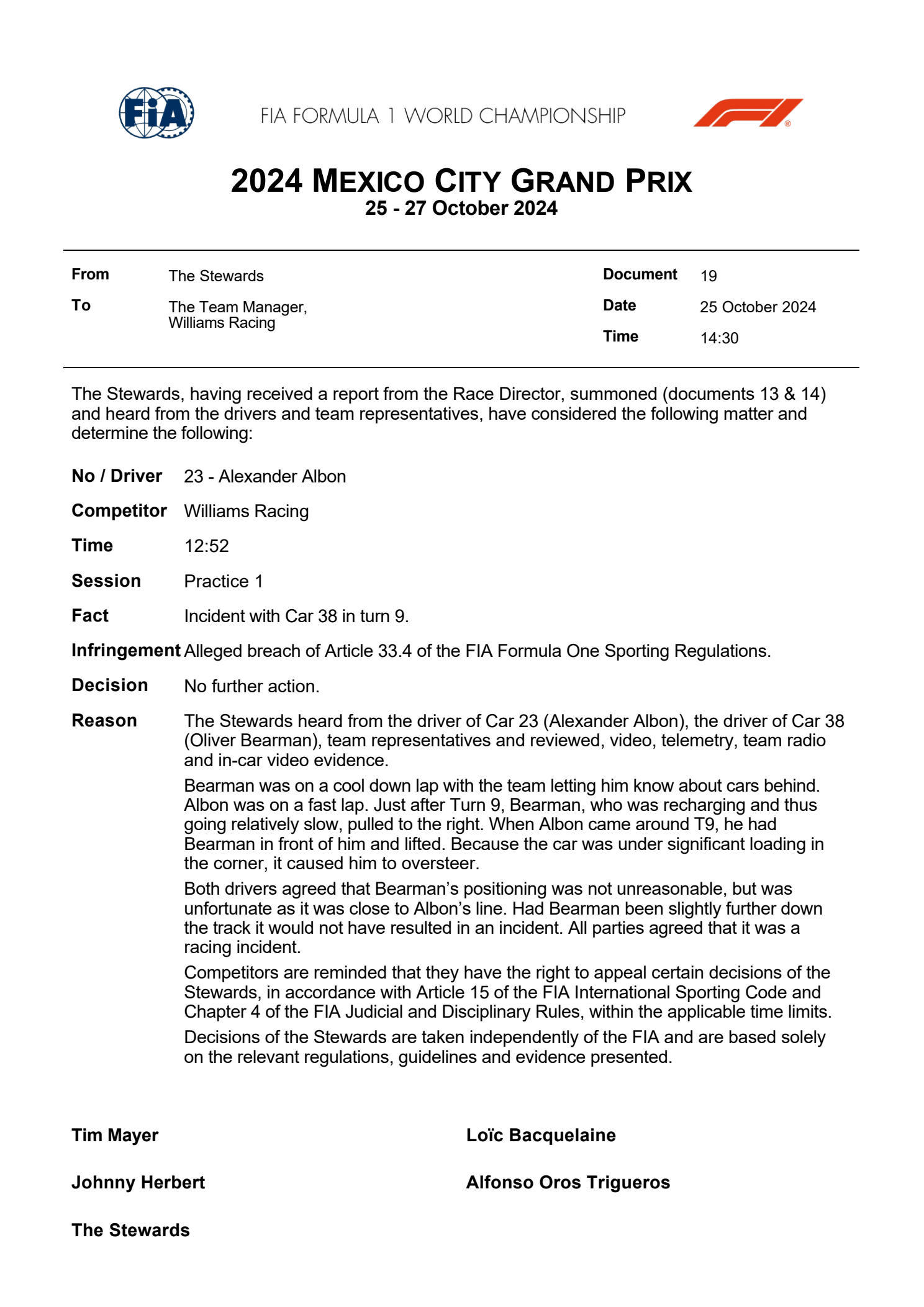 赛事干事认定阿尔本与贝尔曼的碰撞为赛道事故，没有进一步处罚。这起事故之后，该路段