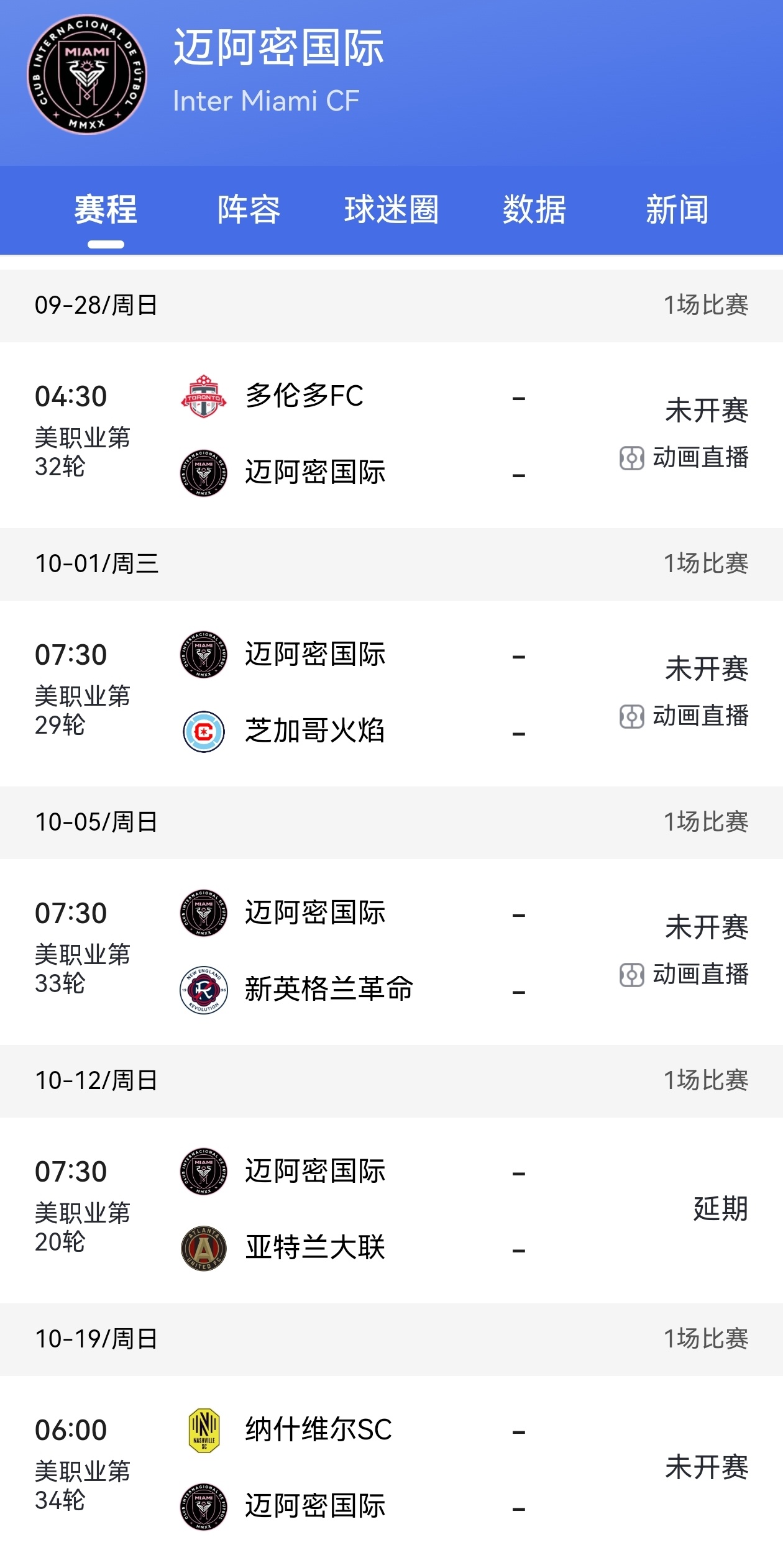 【迈阿密国际剩余赛程】✔️迈阿密国际还有5轮比赛，三主两客，其中三场是在一周完成