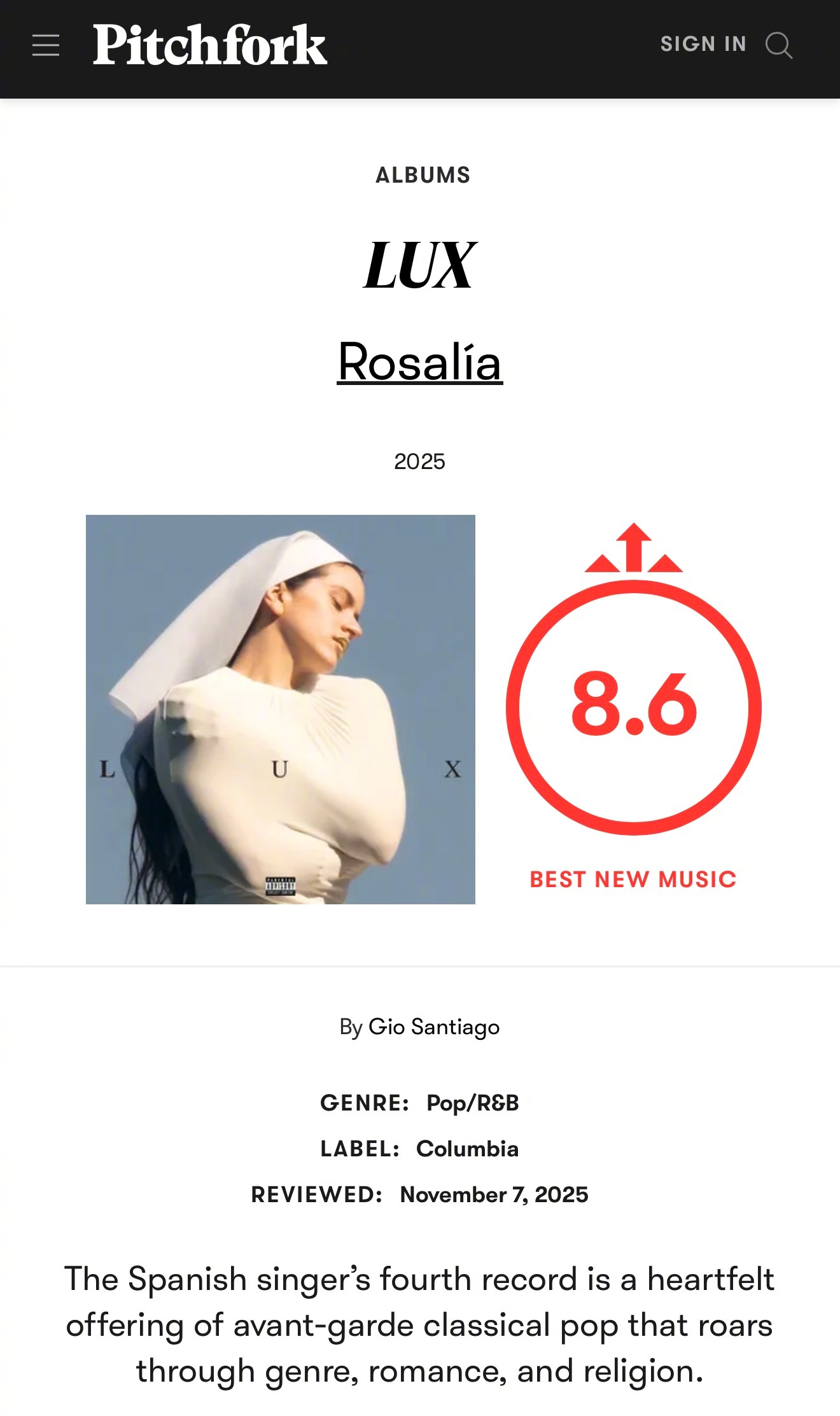 牛X！婊叉Pitchfork给ROSALÍA新专辑《LUX》打分8.6高分！并获