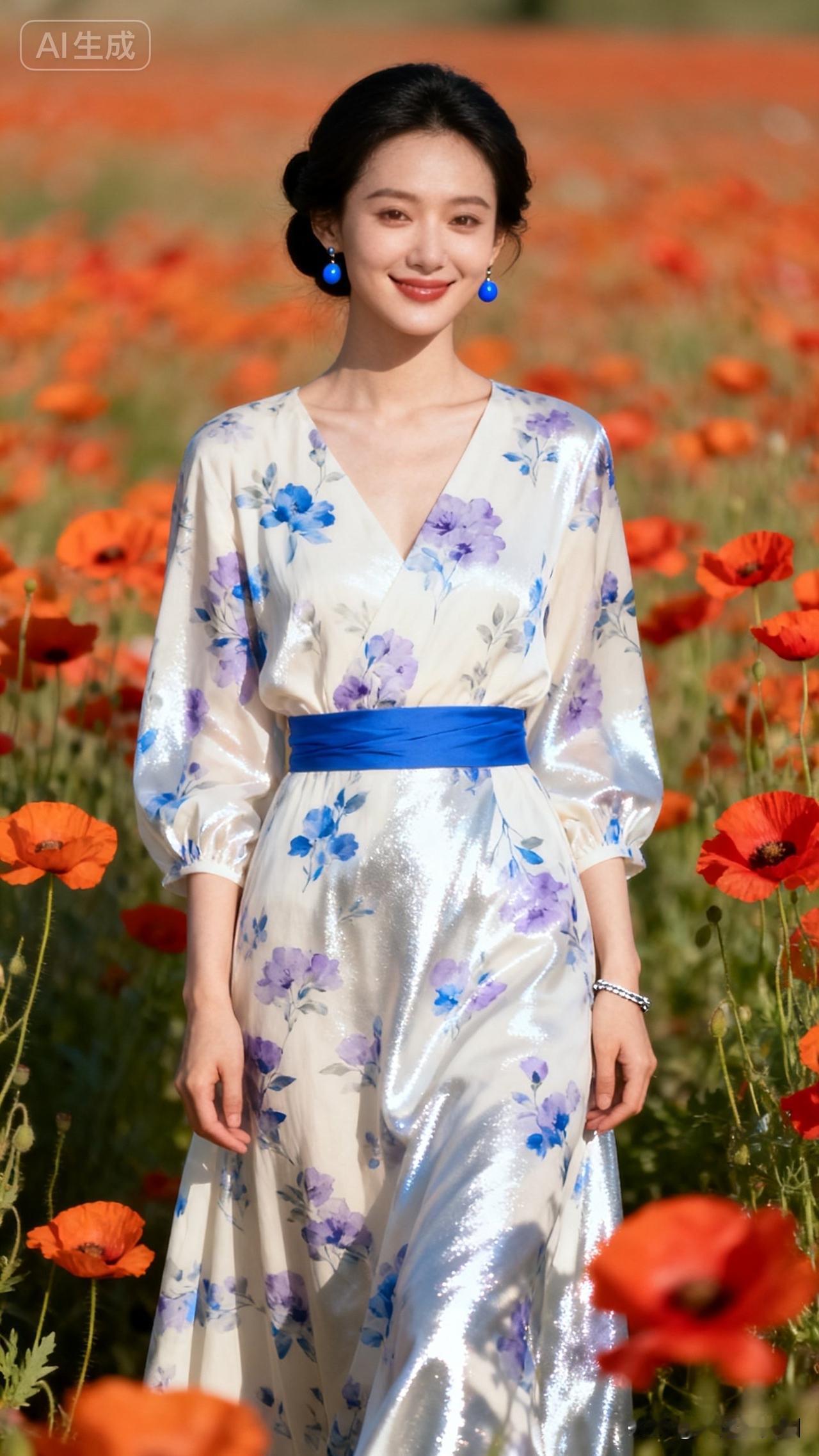 花海中的优雅女子，蓝白相间的连衣裙，宛如童话里的公主。