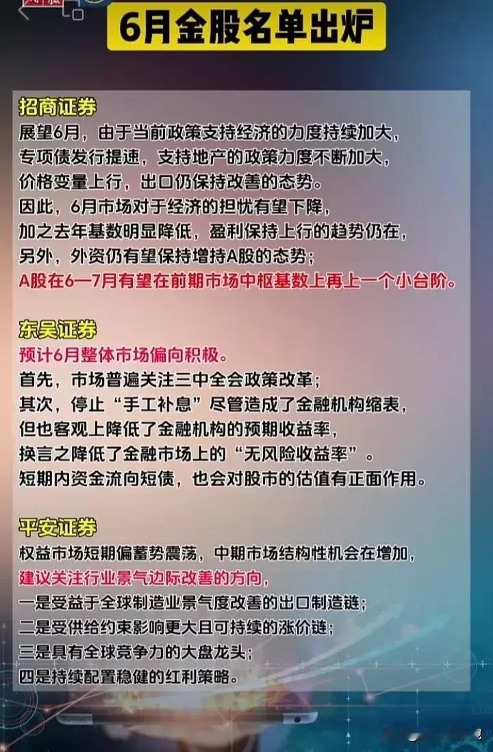 六月份十大金股出炉！
招商证券：6月份看涨，再上一个小台阶。
东吴证券：6月份看