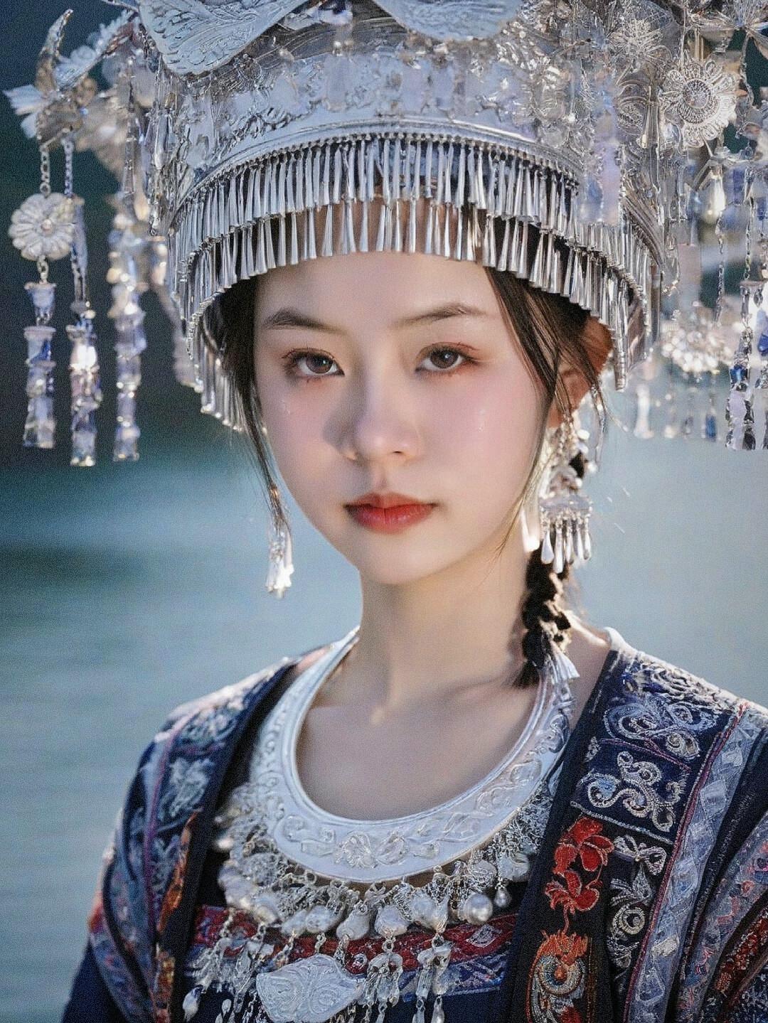 惊艳的古典美人，银饰头饰与精致妆容相得益彰，仿佛穿越时空的仙子。