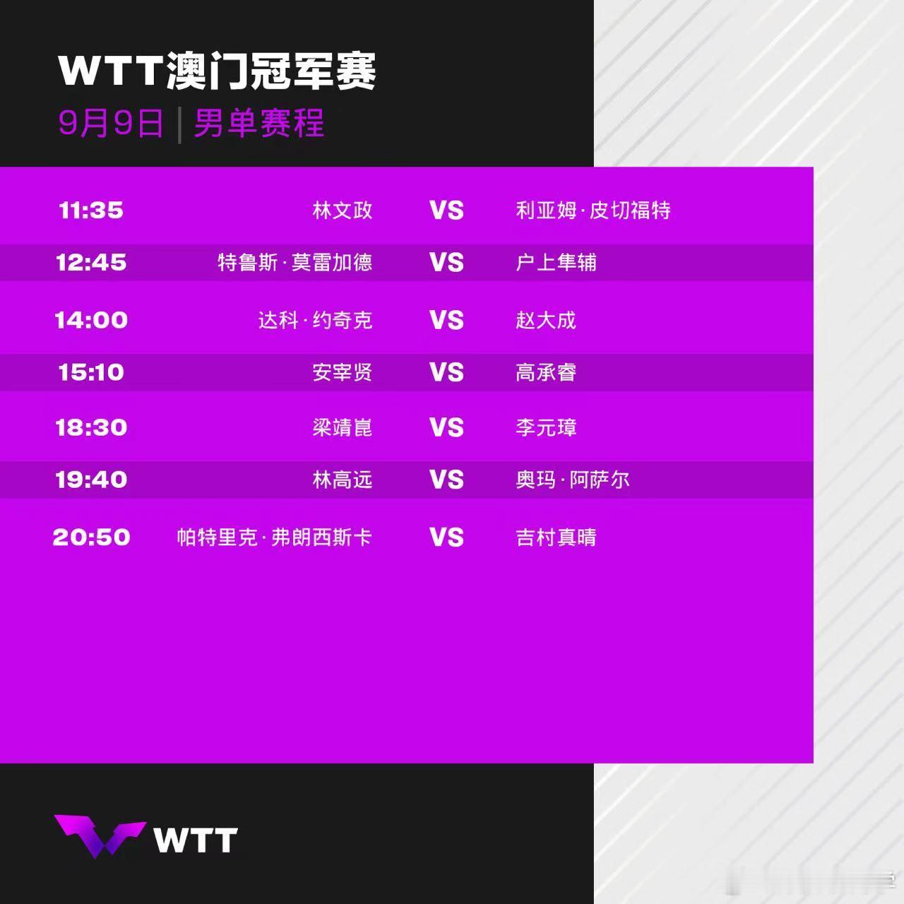 #wtt澳门冠军赛2024# 9月9日赛程：11:00 郑怡静vs简彤娟11:3