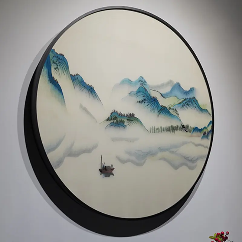 丝绣青峦浮晓雾，一圆山水渡孤舟 书房玄关想要一幅安静雅致的圆框挂画，可...