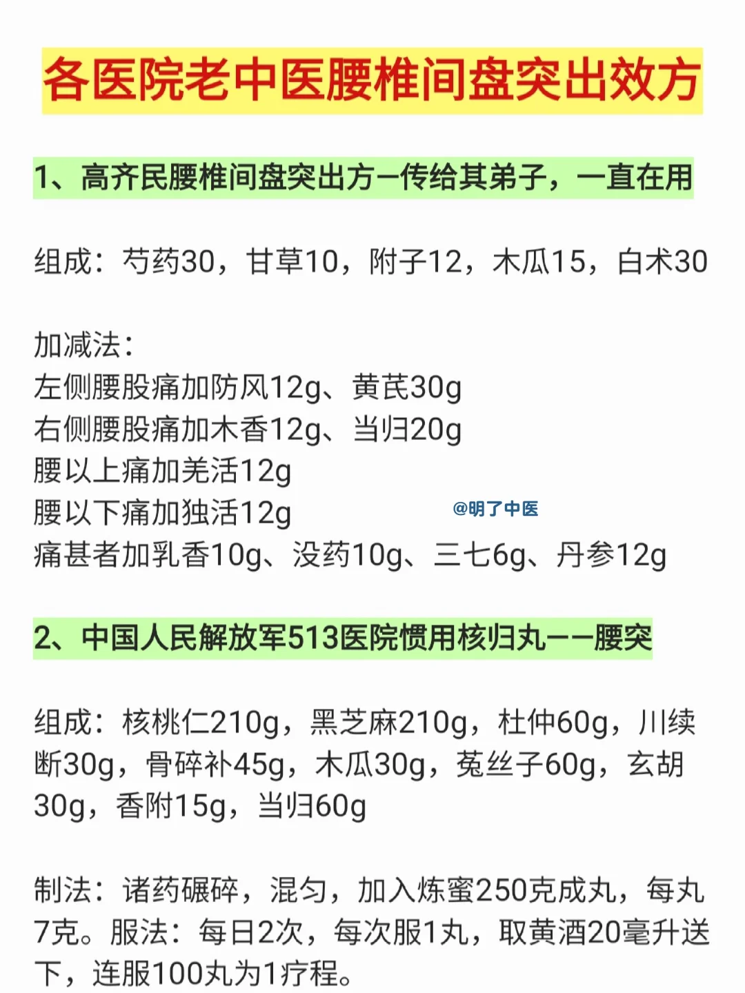 各医院老中医治疗腰椎间盘突出，协定经验方