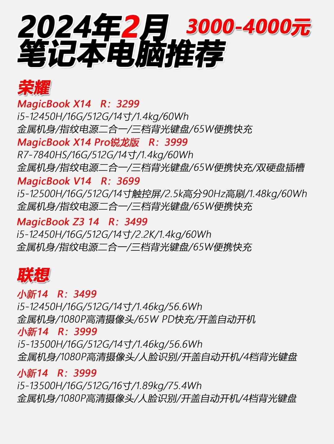 2024年2月份3000-4000轻薄本推荐