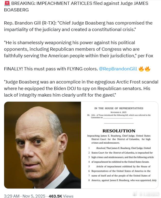 针对法官詹姆斯·博斯伯格的弹劾条款已提交国会众议员布兰登·吉尔：“首席法官博斯伯