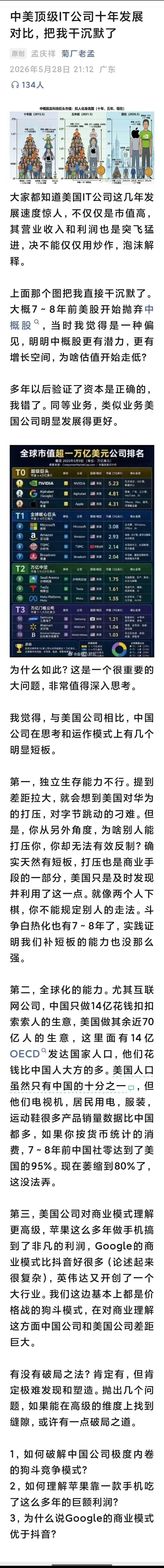 【琅河财经】中美顶级IT公司十年发展对比，把我干沉默了

也把我干沉默了，确实没