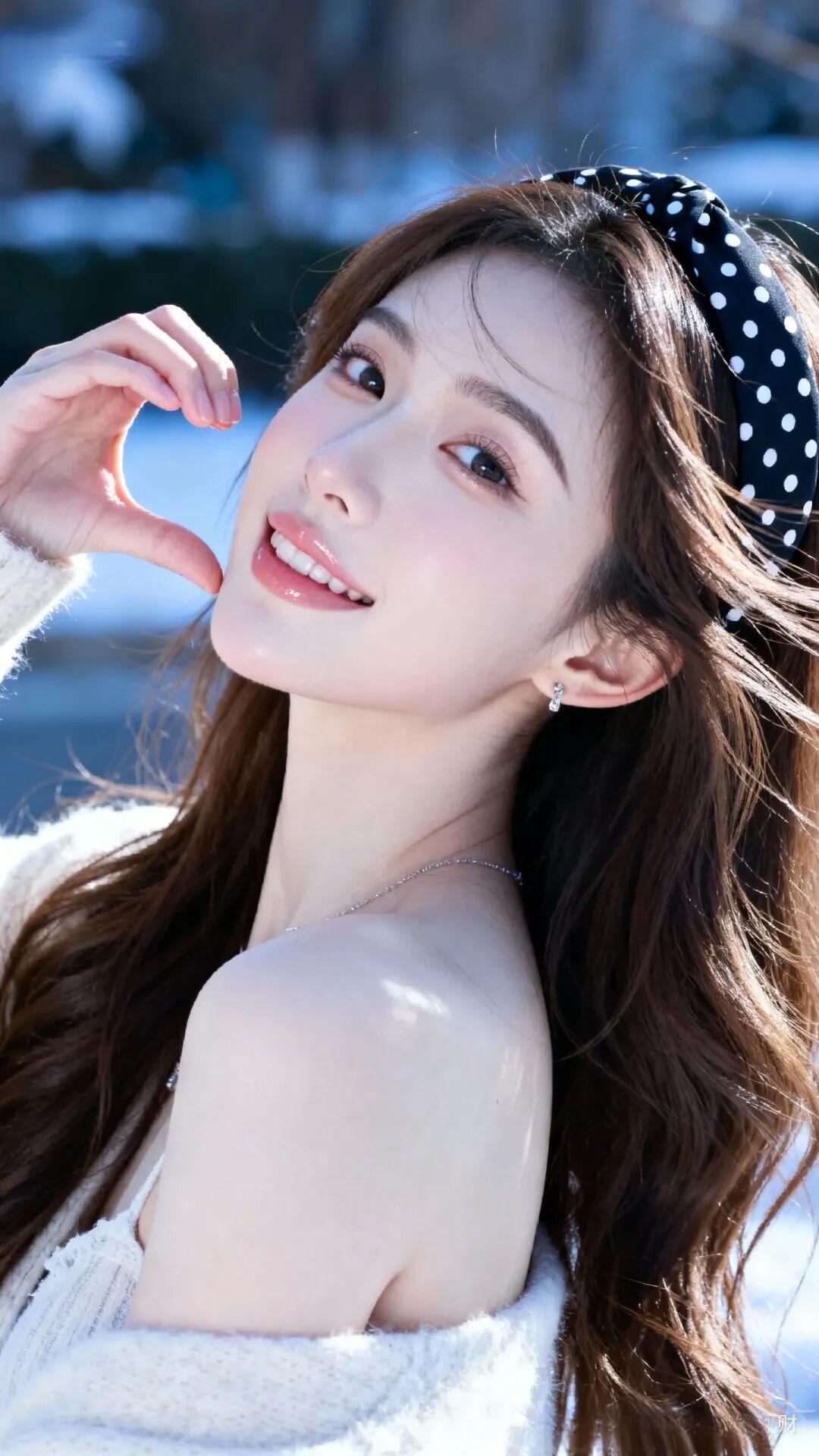 冬日初雪：她身着软糯的白色露肩毛衣，搭配波点发箍，在雪地中笑靥如花。肌肤胜雪，眉
