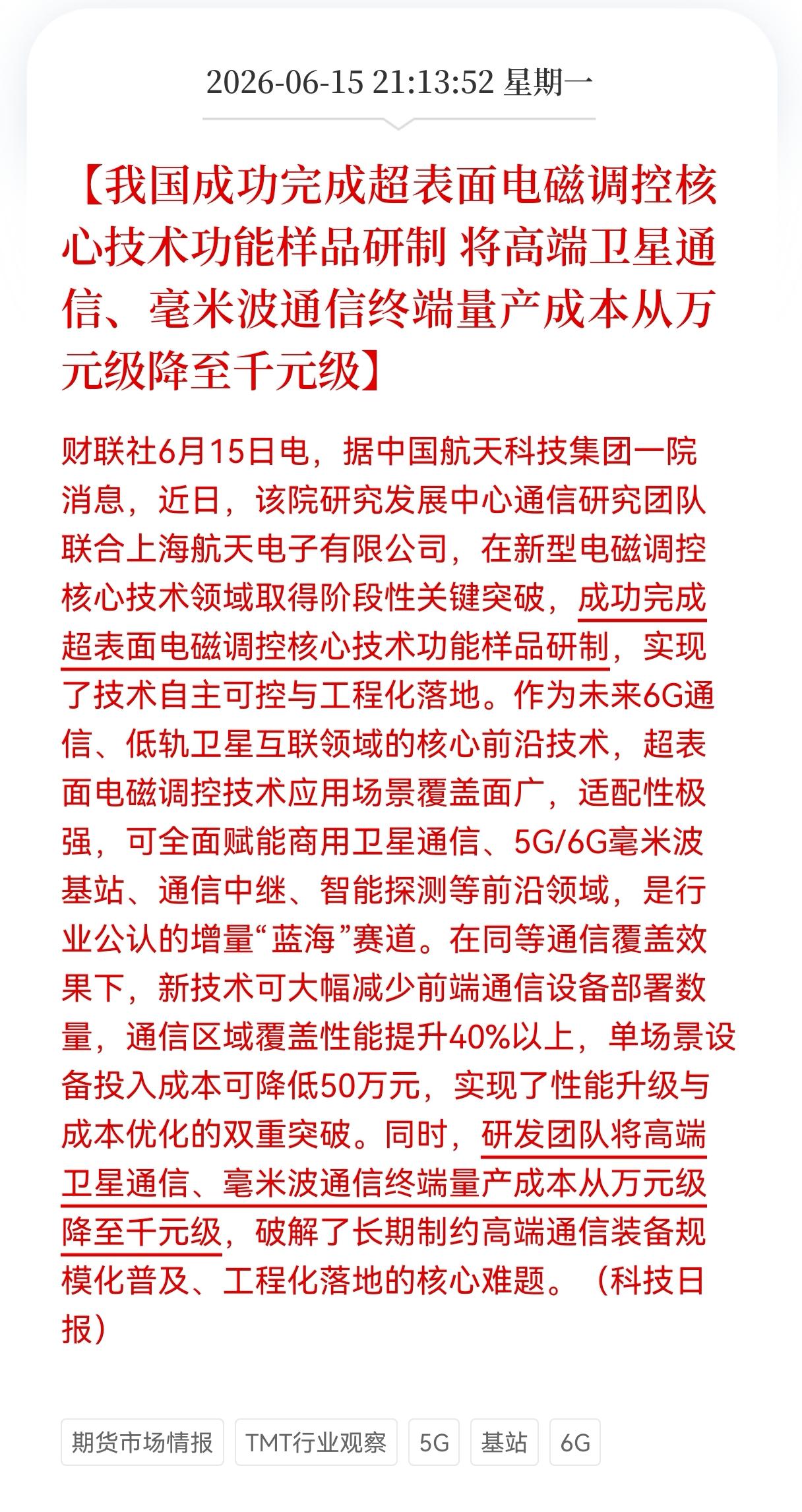 重大好消息！重大利好消息！
6G卫星通信板块迎来利好消息！
我国成功完成超表面电