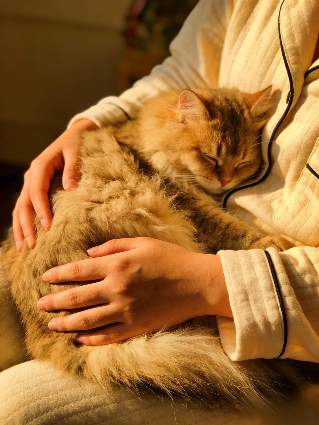 《猫咪的陪伴时光》

每当我坐在沙发上刷手机，我家猫咪总会跳上来趴在我的腿上，把