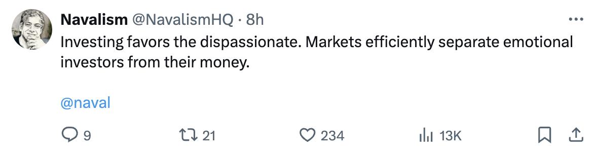 「投资更青睐冷静理性的人，市场会有效地将情绪化的投资者与他们的钱分离。」