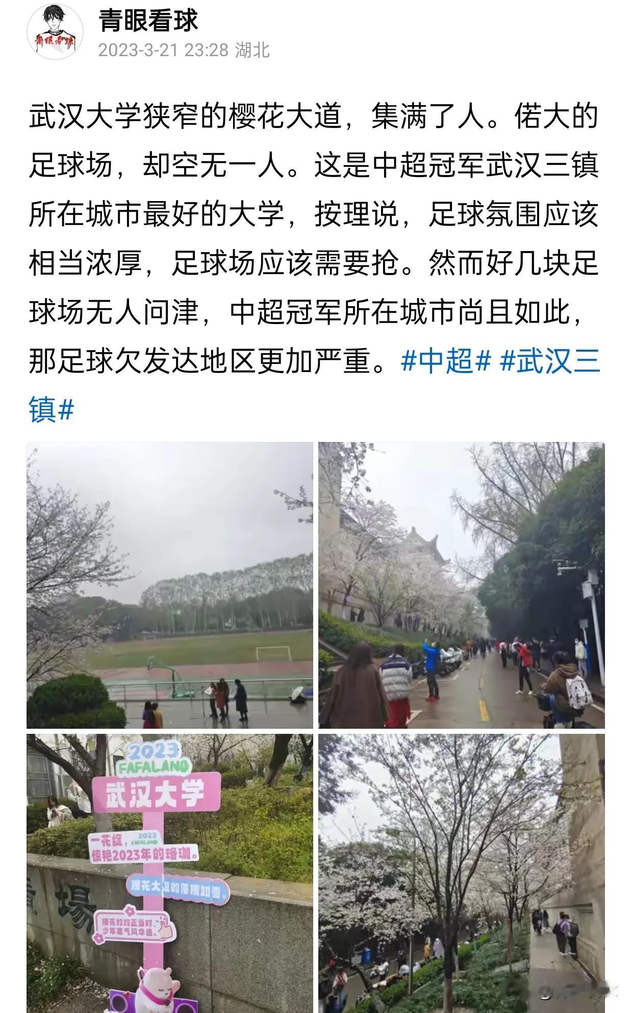 两年前，我来到武汉大学，发现操场上没有男生踢球，当时百思不得其解，现在终于明白了