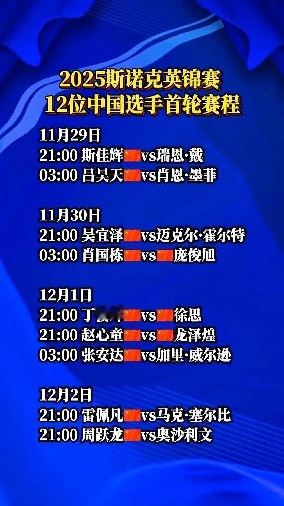 斯诺克英锦赛中国12将赛程出炉！这波硬仗真不少啊～

11月29日21点：斯佳辉