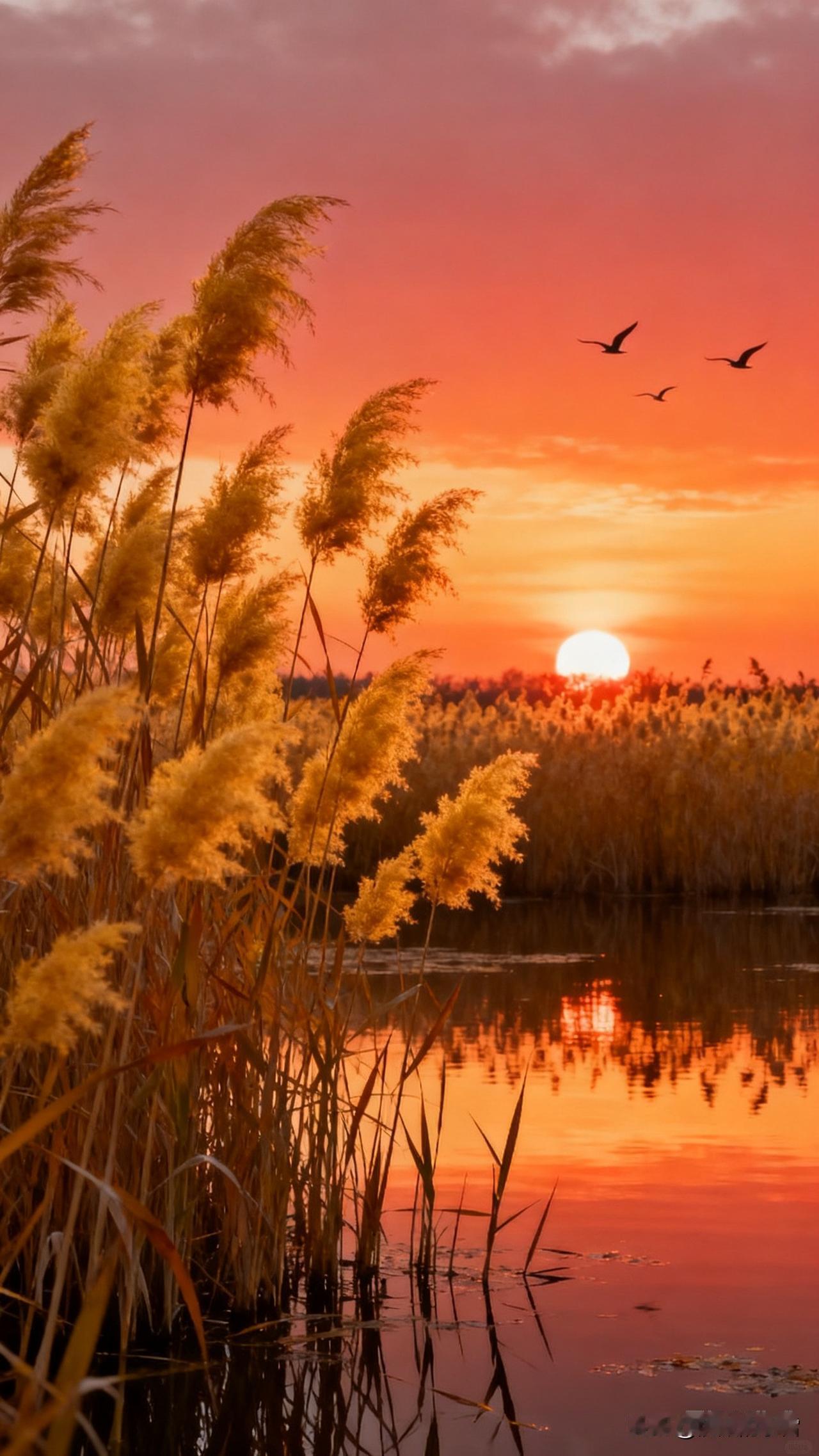分享一张你相册里的夕阳照晚风吹弯了苇穗的腰，落日把天际浸成橘红的酒。飞鸟剪开流云