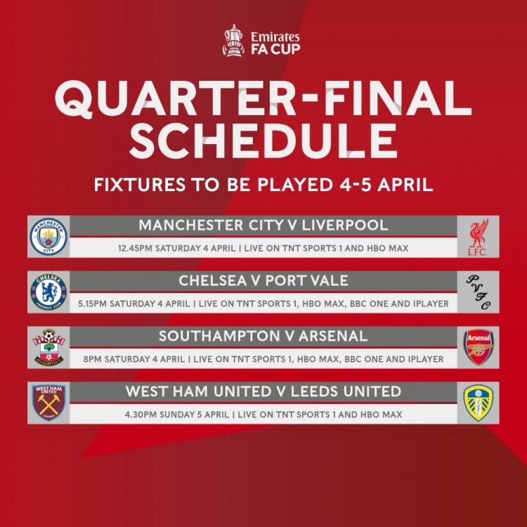 足总杯1/4决赛开球时间确定：4月4日19:45曼城vs利物浦  南安普顿vs阿