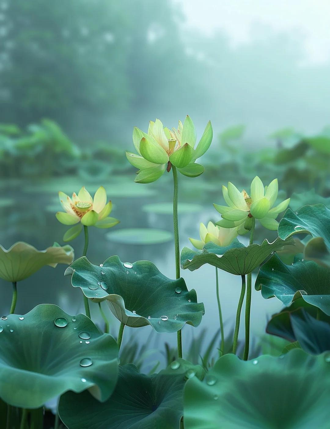 上联：青荷开浅夏；
下联：红枫话深秋。