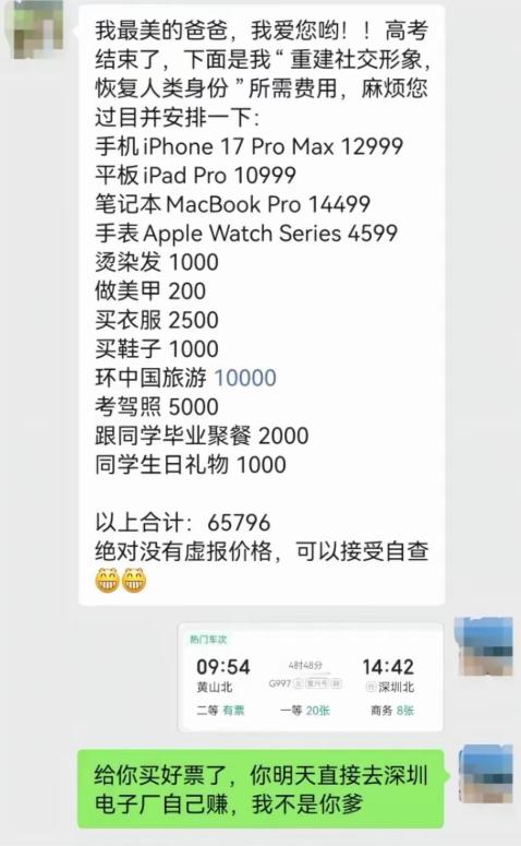 高考刚考完就有孩子直接甩给老爸一张消费清单，张口要六万六置办全套苹果数码、新衣旅
