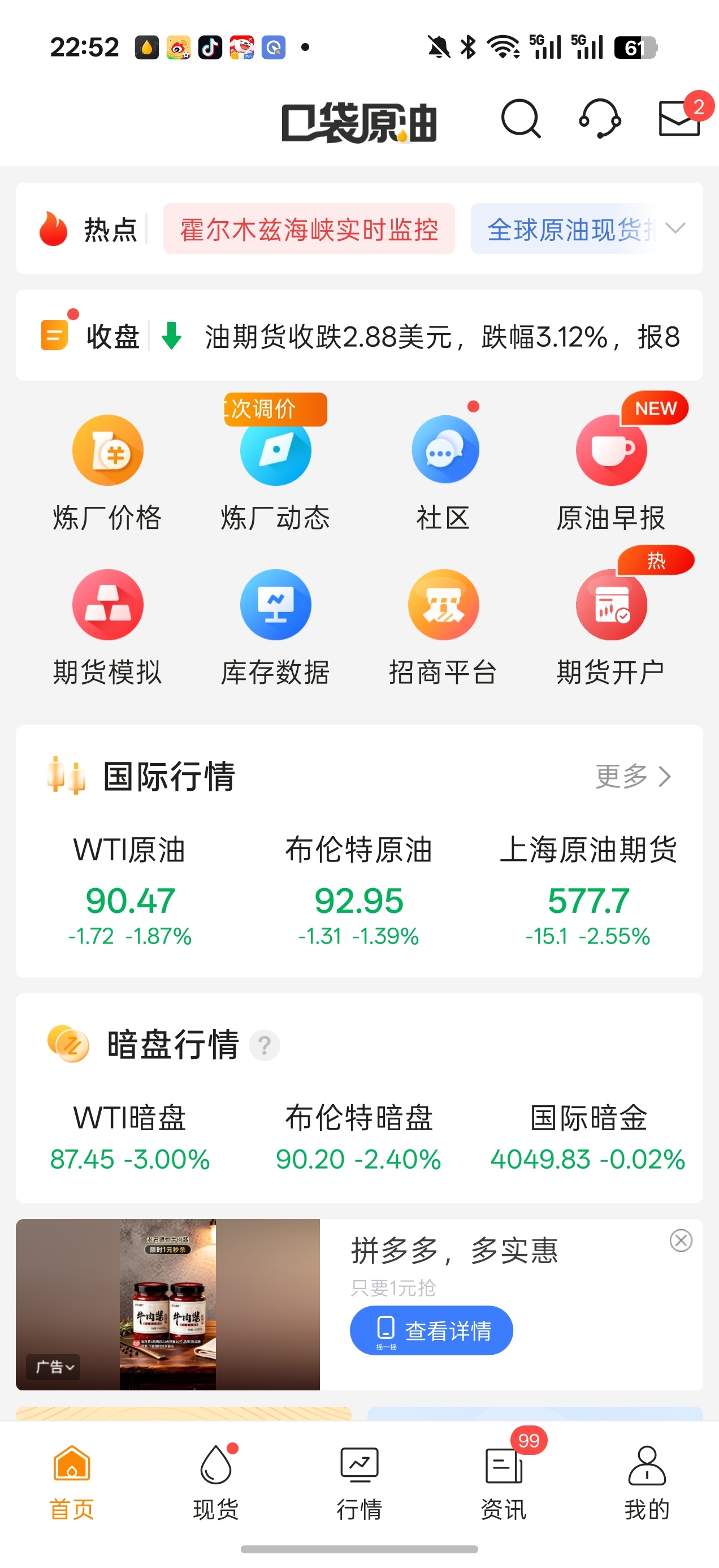 虽然今晚不开盘但是暗盘原油目前猛猛跳水目前暗盘-3%原油