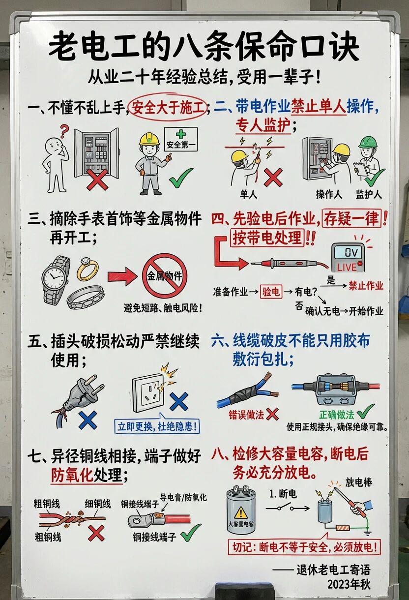 老电工退休前留下的9句保命口诀，电工必背，第9条在评论区…

我师傅从业三十五年