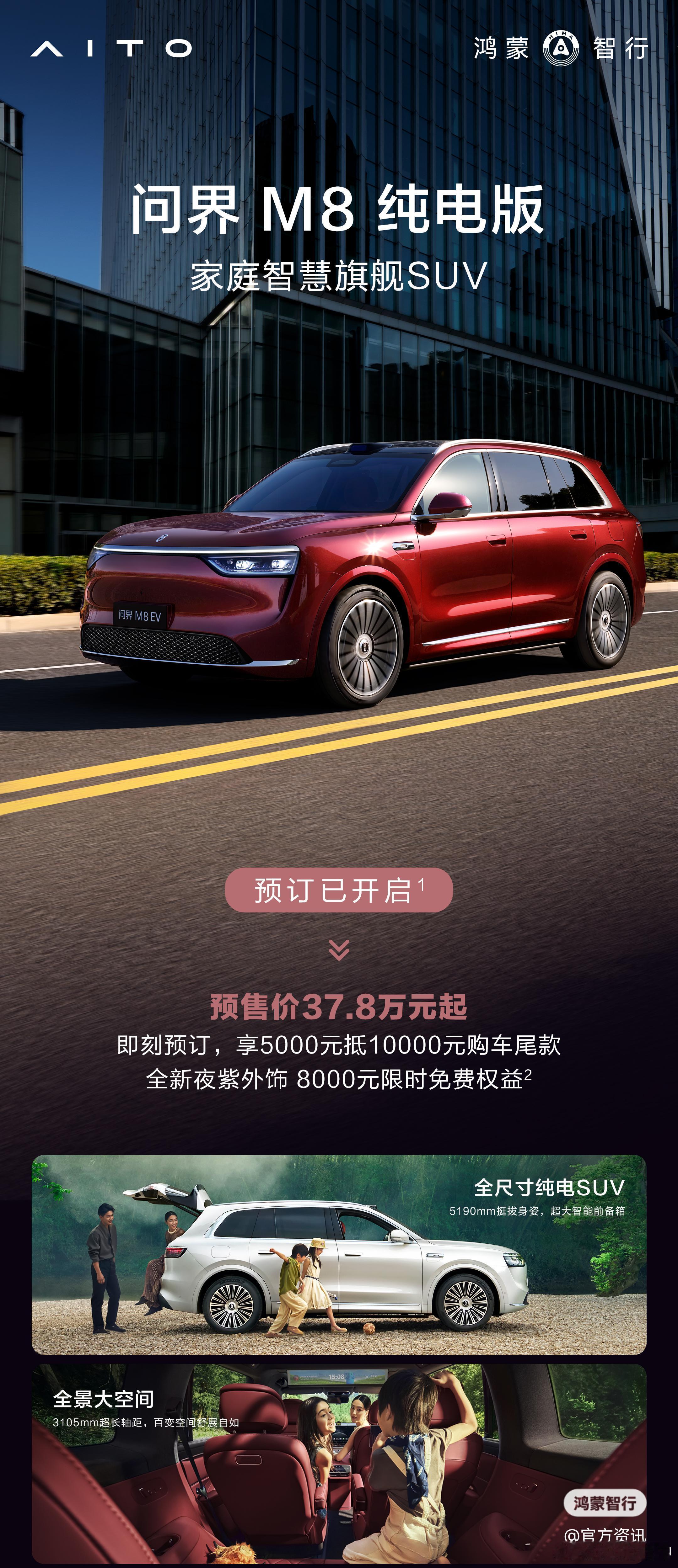 问界 M8 纯电版预售价 37.8 万，按照之前的路数最终价格大概率是 36.8