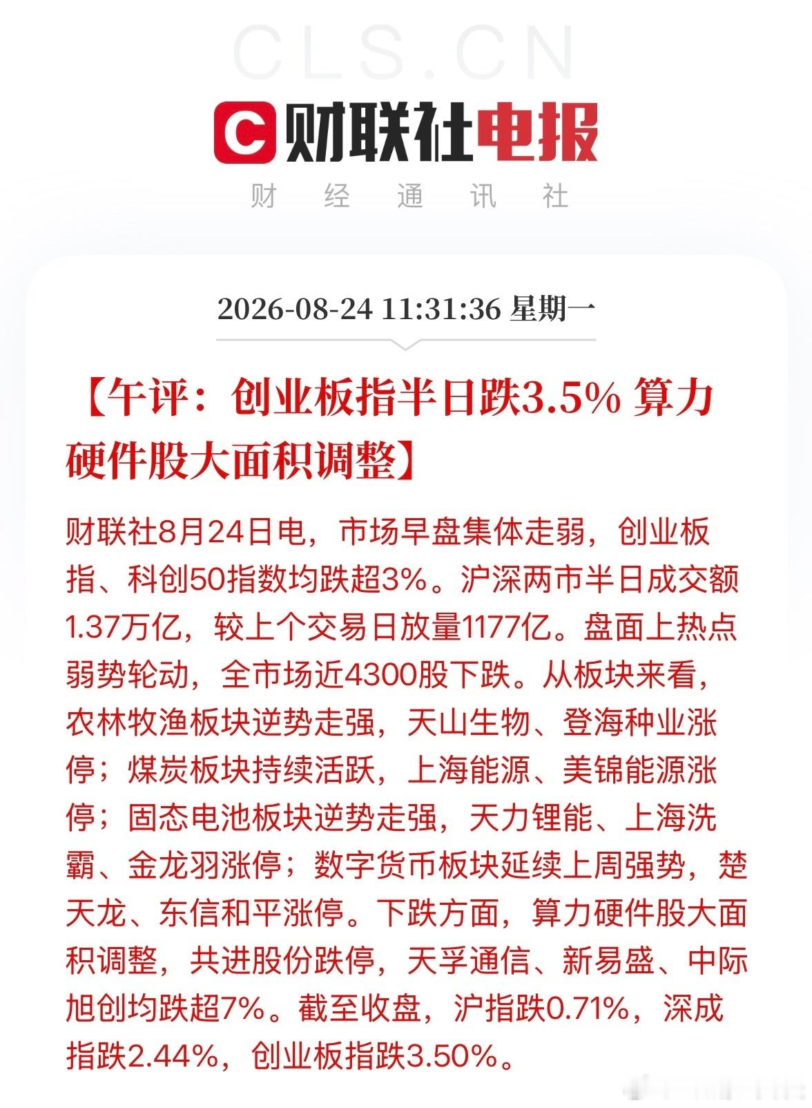 A股截至收盘，沪指跌0.71%，深成指跌2.44%，创业板指跌3.50%。科创5