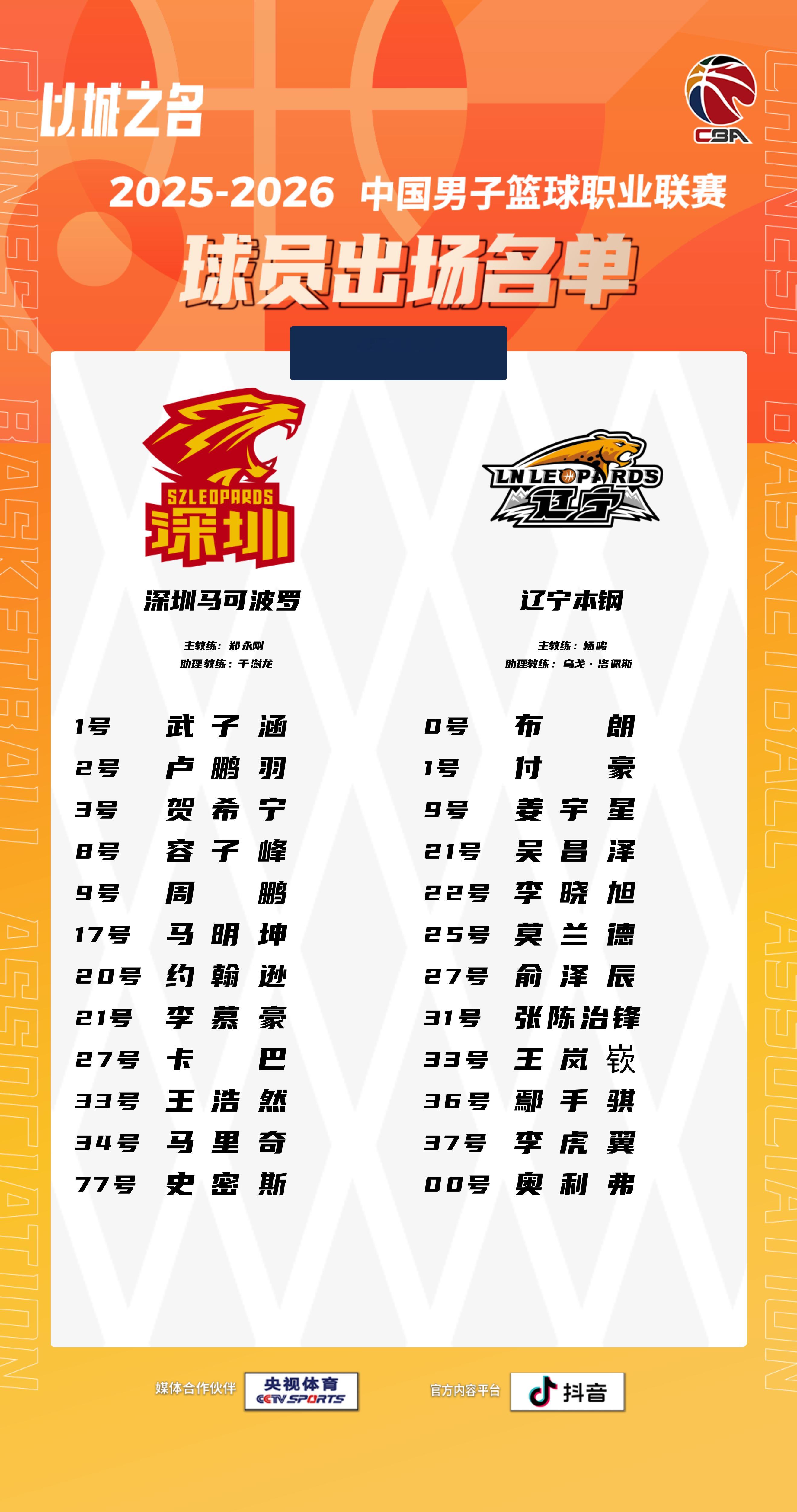 威尔斯没有进入大名单，二哥李晓旭本赛季首次进入大名单。深圳男篮vs辽宁男篮