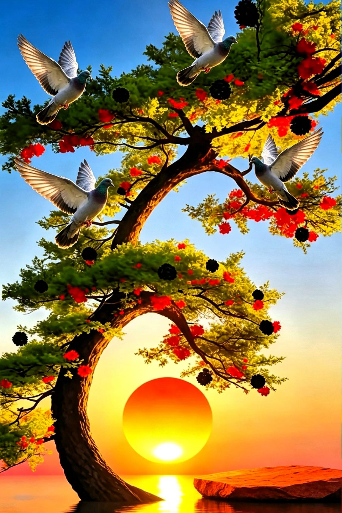 一图一诗《古树灵鸽》：落日里的千年温柔

 
这张满是禅意的晚霞古树图，一眼就戳
