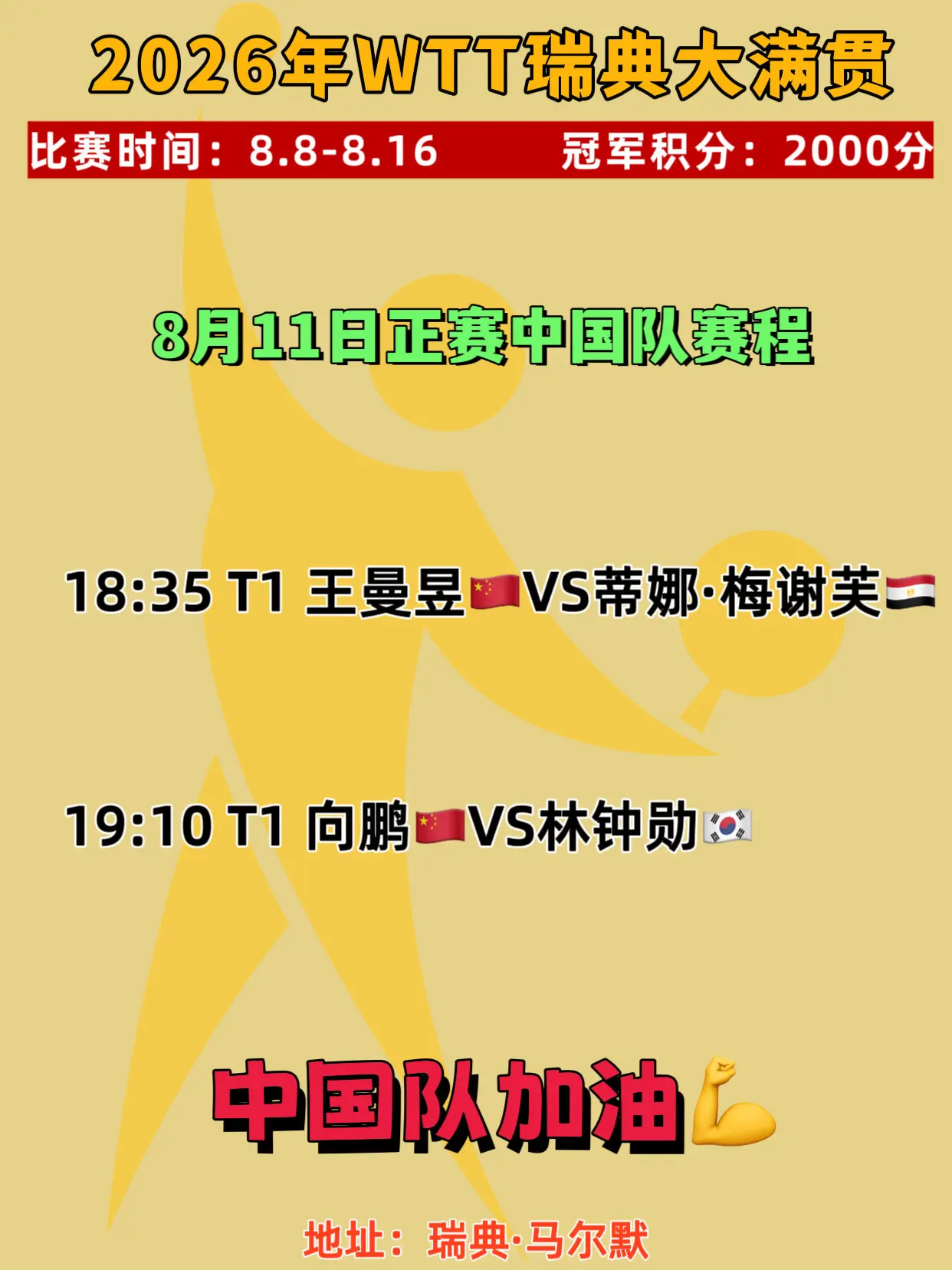 瑞典大满贯。8月11日中国队赛程 中国队加油