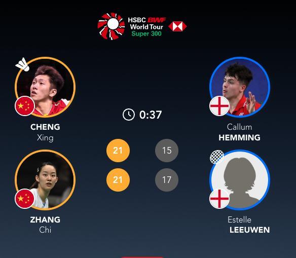 程星/张驰🇨🇳 21-15、21-17 🏴󠁧󠁢󠁥󠁮󠁧󠁿亨明/埃