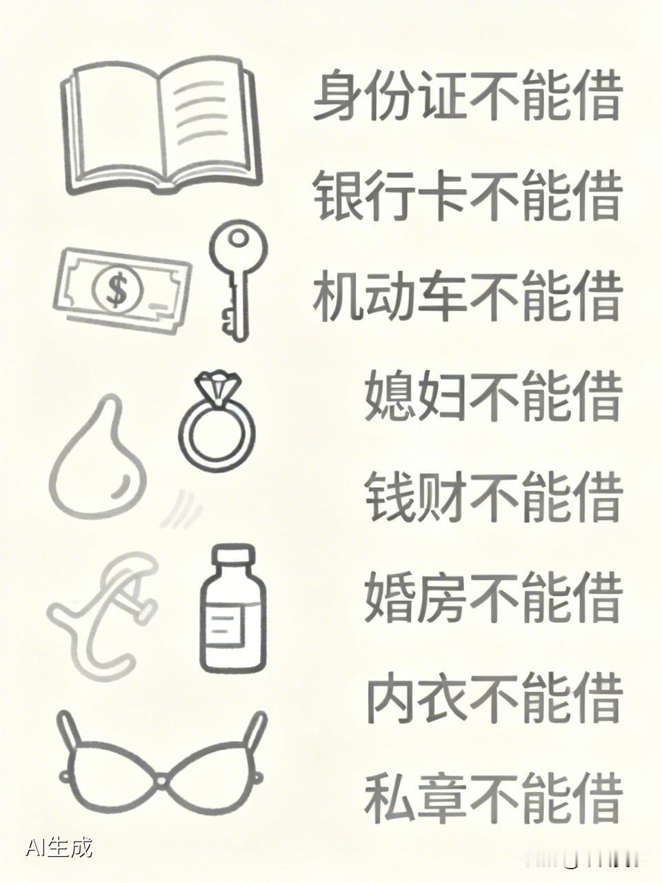 你知道日常有哪九不借吗？
一:身份证不能借；
二:银行卡不能借；
三:机动车不能