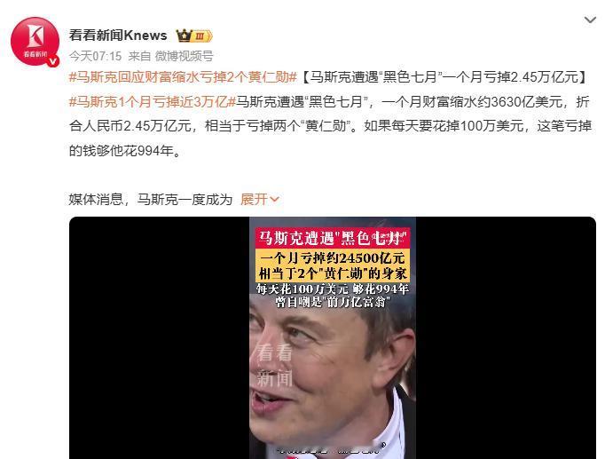 财富急速缩水，马斯克发帖自嘲
 
据媒体报道，在刚刚结束的7月里，马斯克共缩水了