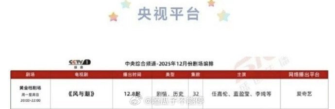 任嘉伦的《风与潮》12.08要在央视播了！ 