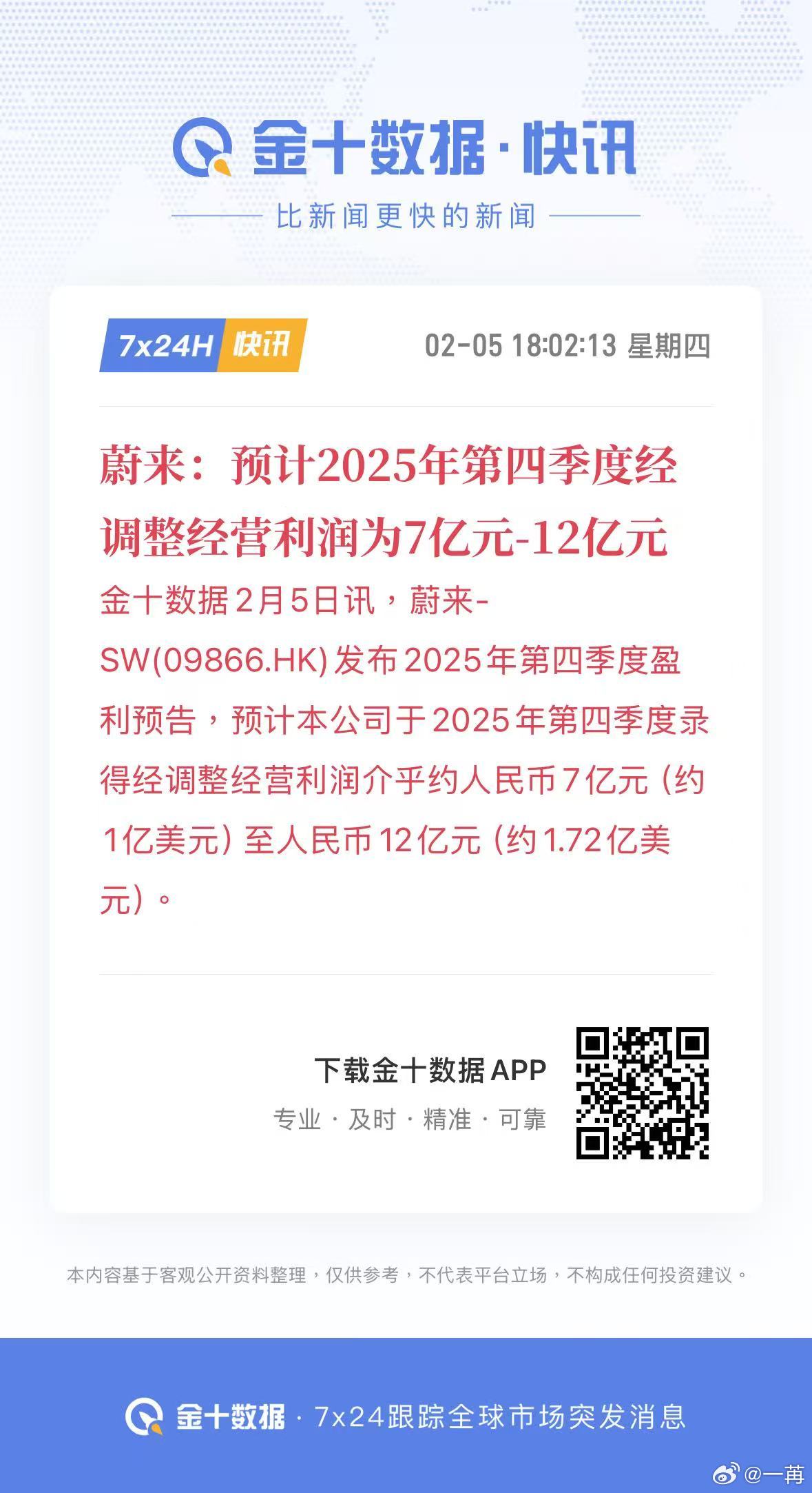 不容易！从 2014 年底成立，到今天 26 年初，蔚来第一次季度盈利（去年 Q