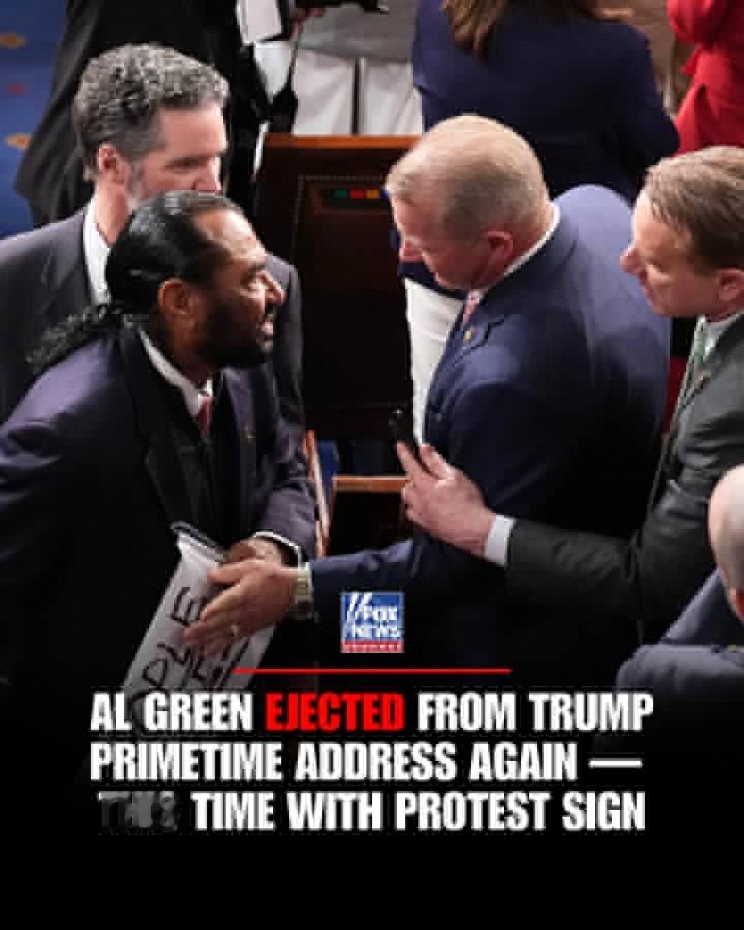 美国民主党众议员阿尔·格林Al Green因抗议特朗普总统在黄金时段发表的年度国