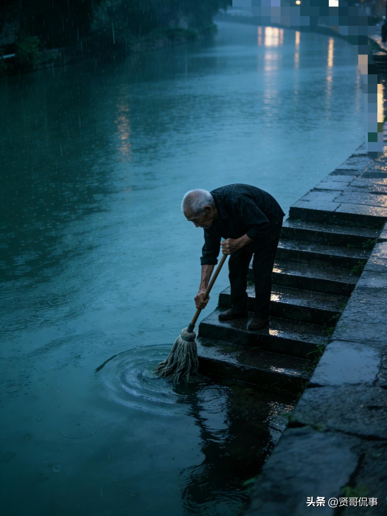 “林子大了什么鸟都有！”江苏无锡，一老人在下雨天来到河边洗拖把，一个不小心，老人