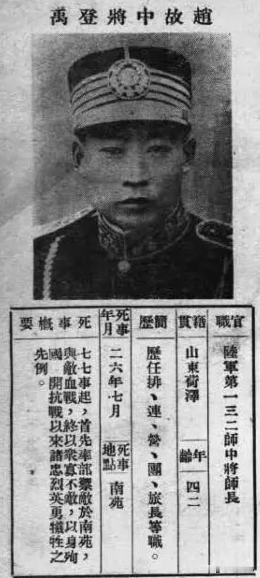 一张《赵故中将登禹》的珍贵档案。档案是一幅将军年轻时的戎装照。官职是陆军第一三二