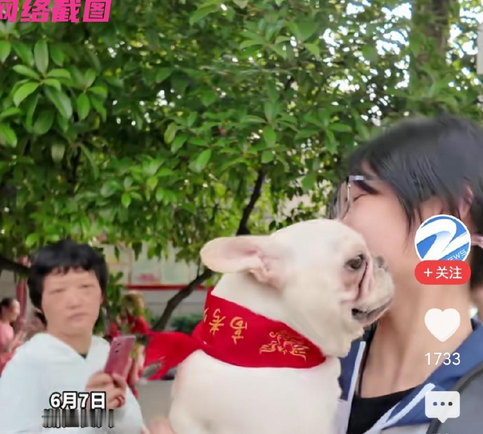 浙江长兴有家的爸爸，竟把家里的宠物狗狗带到考场外给自己的女儿加油，狗狗一声声旺旺