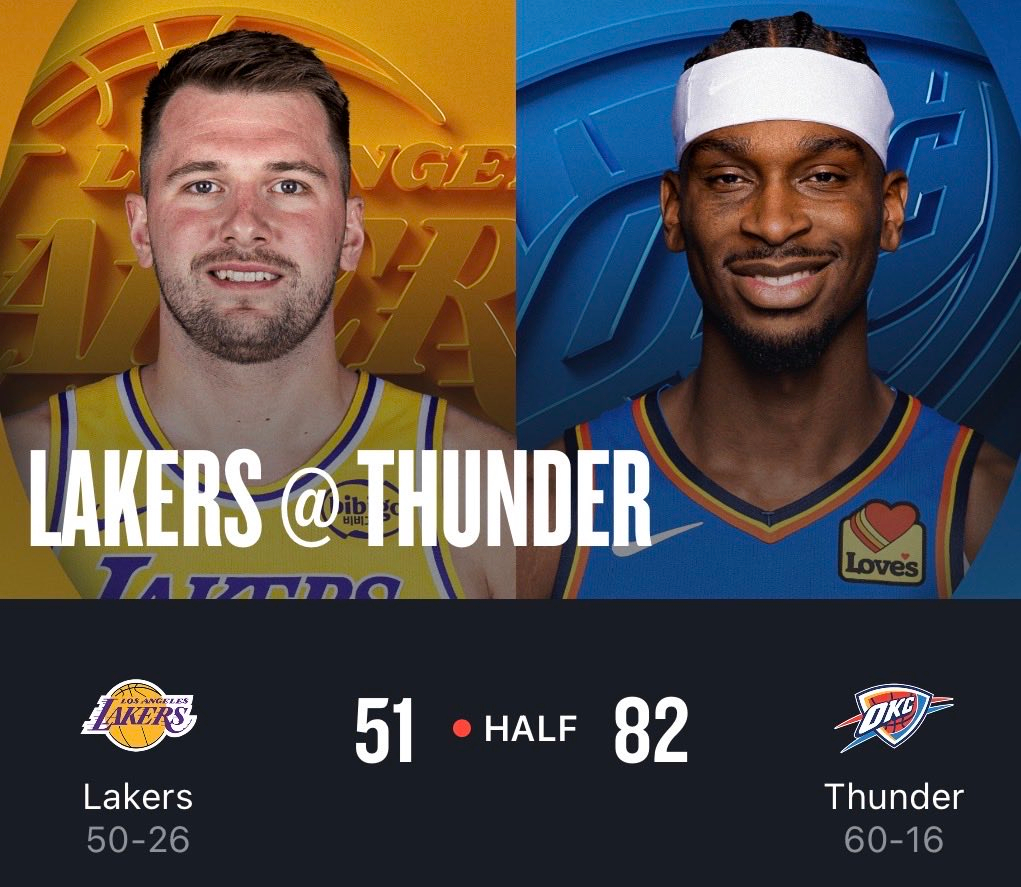 半场结束，湖人51-82雷霆让雷霆半场拿了82分。。。。瞅着小里和东子身体都不是