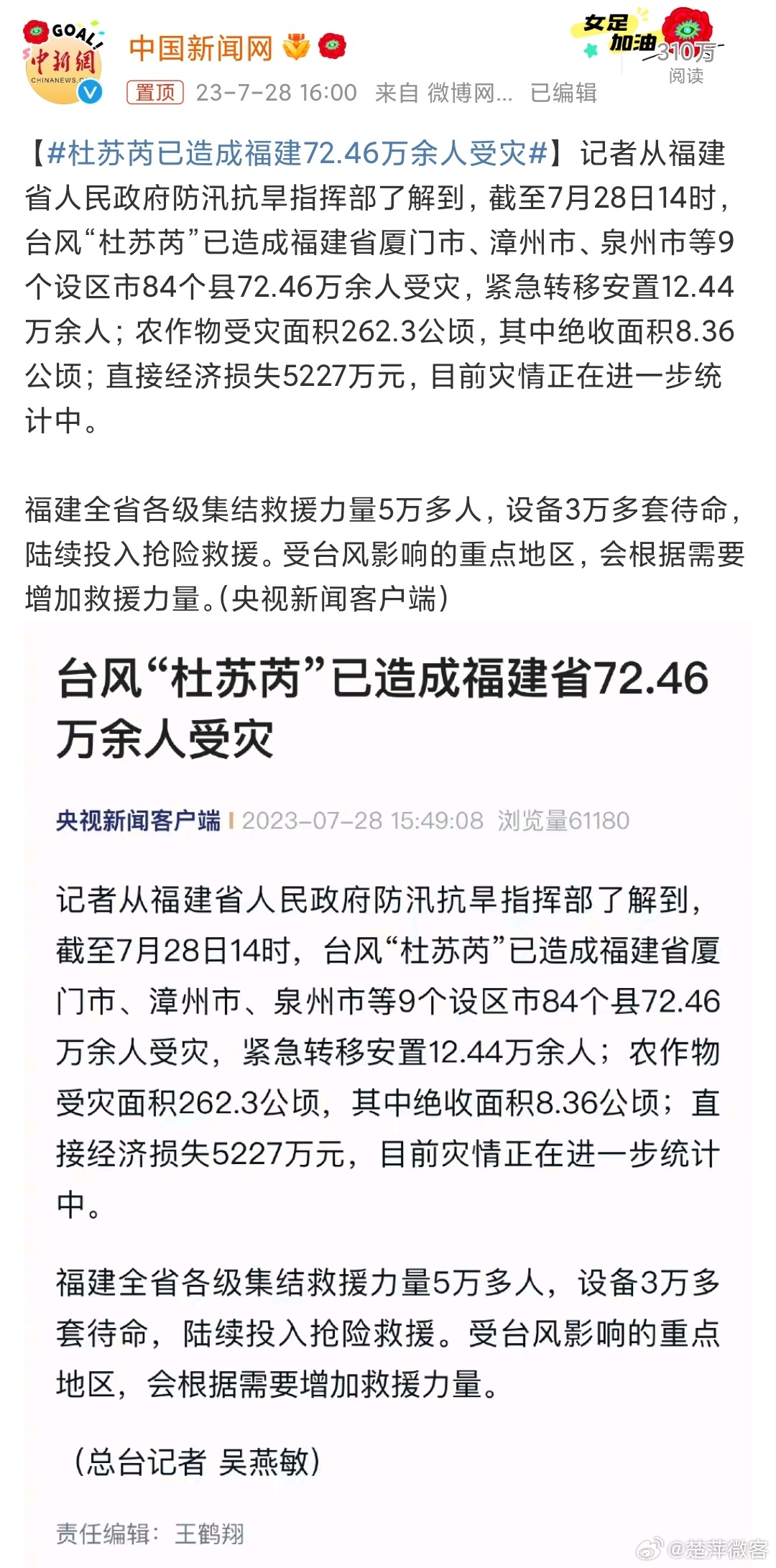 #杜苏芮已造成福建72.46万余人受灾# 天灾面前，人类真的很渺小。愿福建的小伙